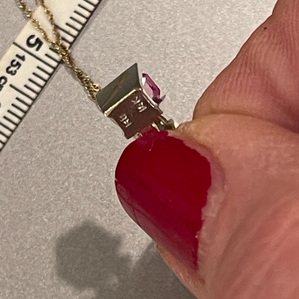 Pink sapphire, two tone, 14 karat gold modernist, diamond pendant - Picture 9 of 15